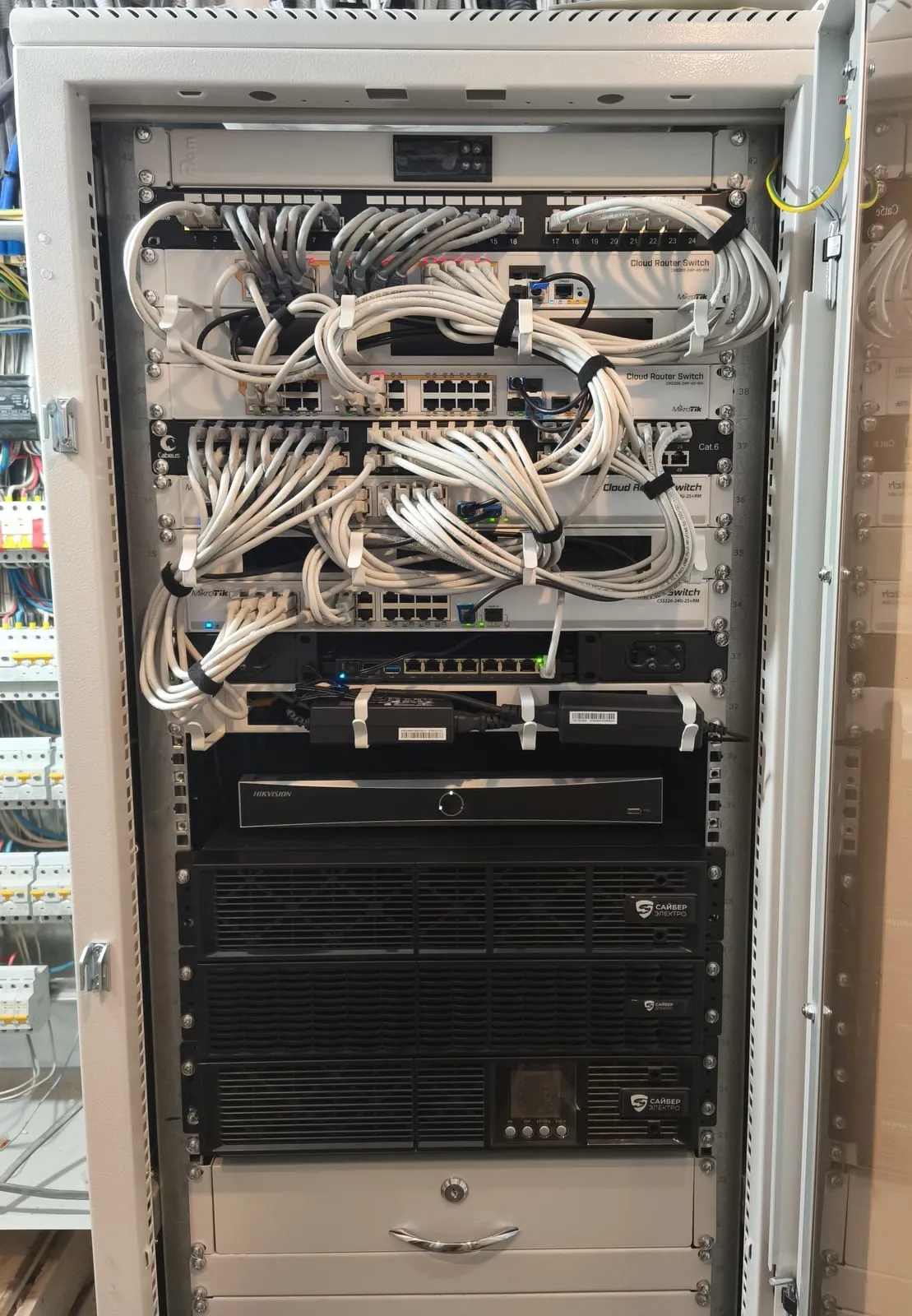 Телеком-стойка LANsur: коммутаторы MikroTik, патч-панели, видеорегистратор и ИБП